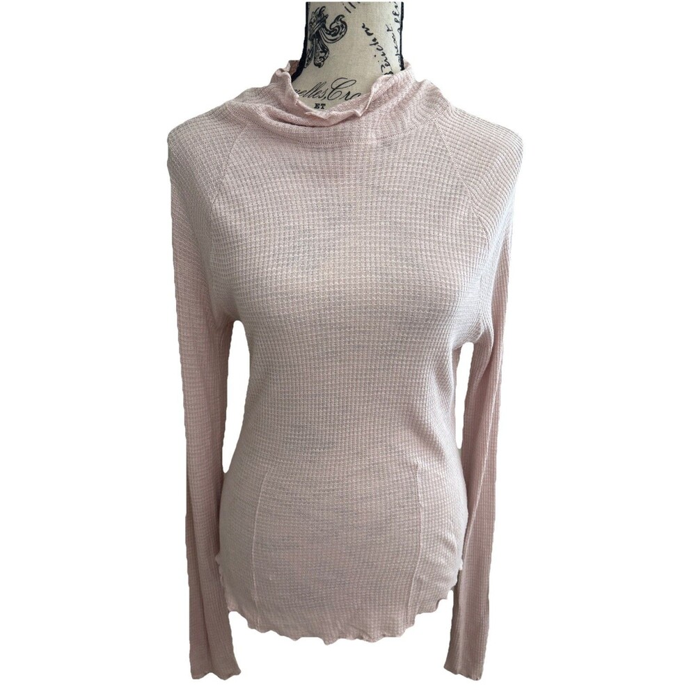 Intimately Free People Pink Waffle Knit Medium Thermal Henley Mock Neck